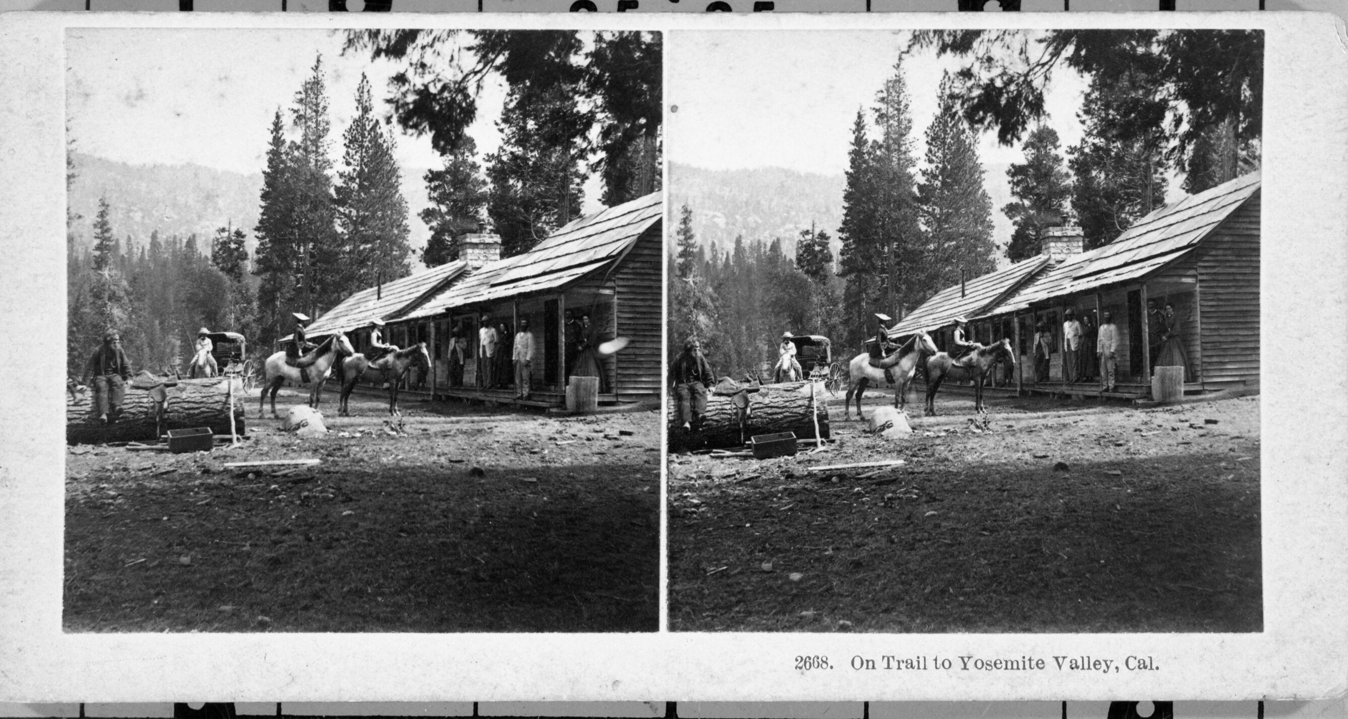 From L. Smaus Collection. Original card beige with sepia toned prints. Taken at same time as RL-16,451. Captioned: "2668. On trail to Yosemite Valley, Cal." Clark's Station. Detail RL-16,453.