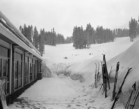 Heavy winter. Badger Pass Ski Lodge, Front Poarch and #2 hill.