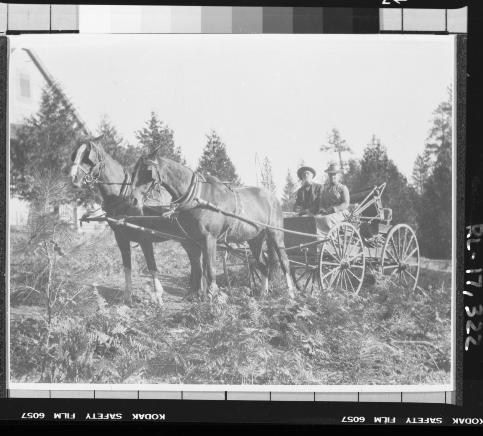 Copy Neg: J. Ernest, 1983. J. M. Hutchings & Emily Hutchings moments before J. M. was thrown form wagon and killed. Original print in over-sized photo drawer in RL.