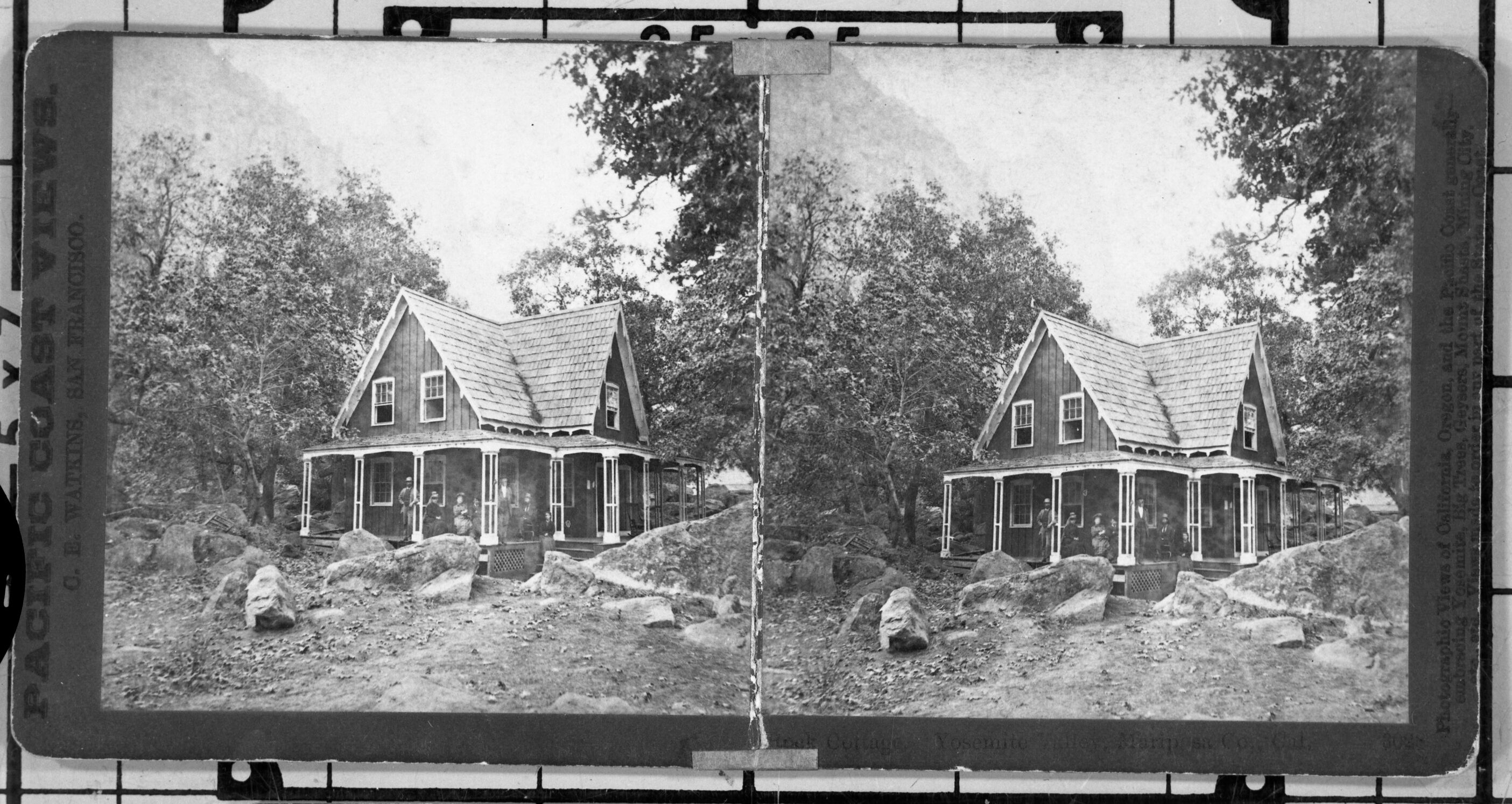 Copy Neg: July 1985 by Michael Dixon. Stereo from L. Smaus Collection (original card orange with sepia prints). Caption: "Rock Cottage. Yosemite Valley, Mariposa Co., Cal. 3028."