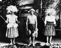 Maidu dancers at the Majestic Theater, Chico, CA. L-R: Herb Young, Gor. Nye, Dewey Conway. Taken as a promotional photo for traveling dance performances.