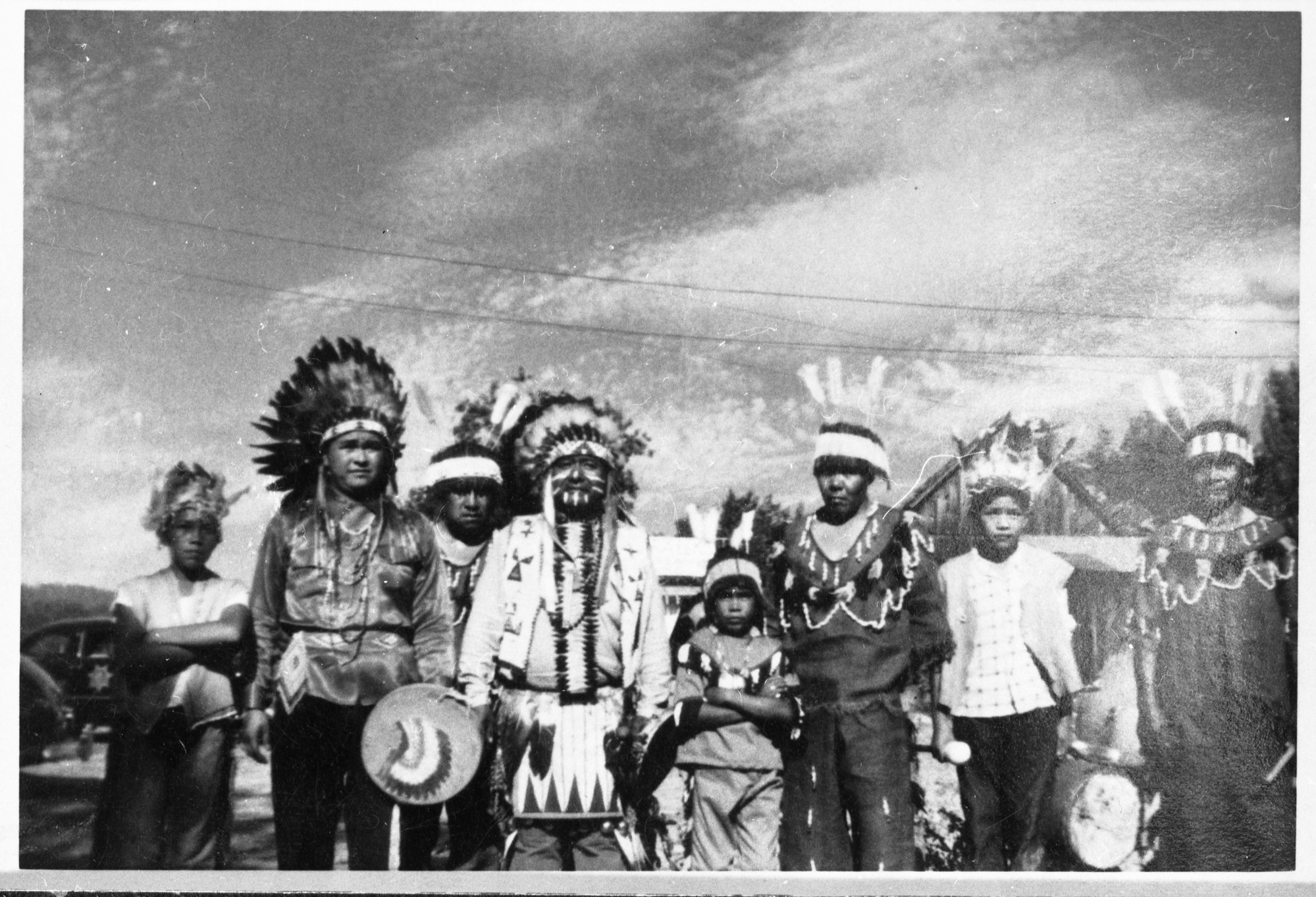 Columbia Gold Rush Centennial Celebration, Columbia State Park, CA. L to R: Robert Cox, Central Miwok; Reginald George, Paiute (?); Russell Hendricks, Central Miwok & Papago; Chris Brown, Southern Miwok; Jerry Cox, Central Miwok; George Wessell, Northern Miwok; Lester Cox, Central Miwok; Unidentified.