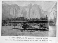 Plate VIII from the Third Annual Report of NPS. "First Aeroplane to land in Yosemite Valley". Piloted from Merced, CA on May 25, 1919 by Lieut. J.S. Krull, U.S. Army