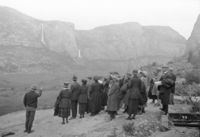 Hetch Hetchy Valley prior to reservoir showing party of visitors viewing valley.