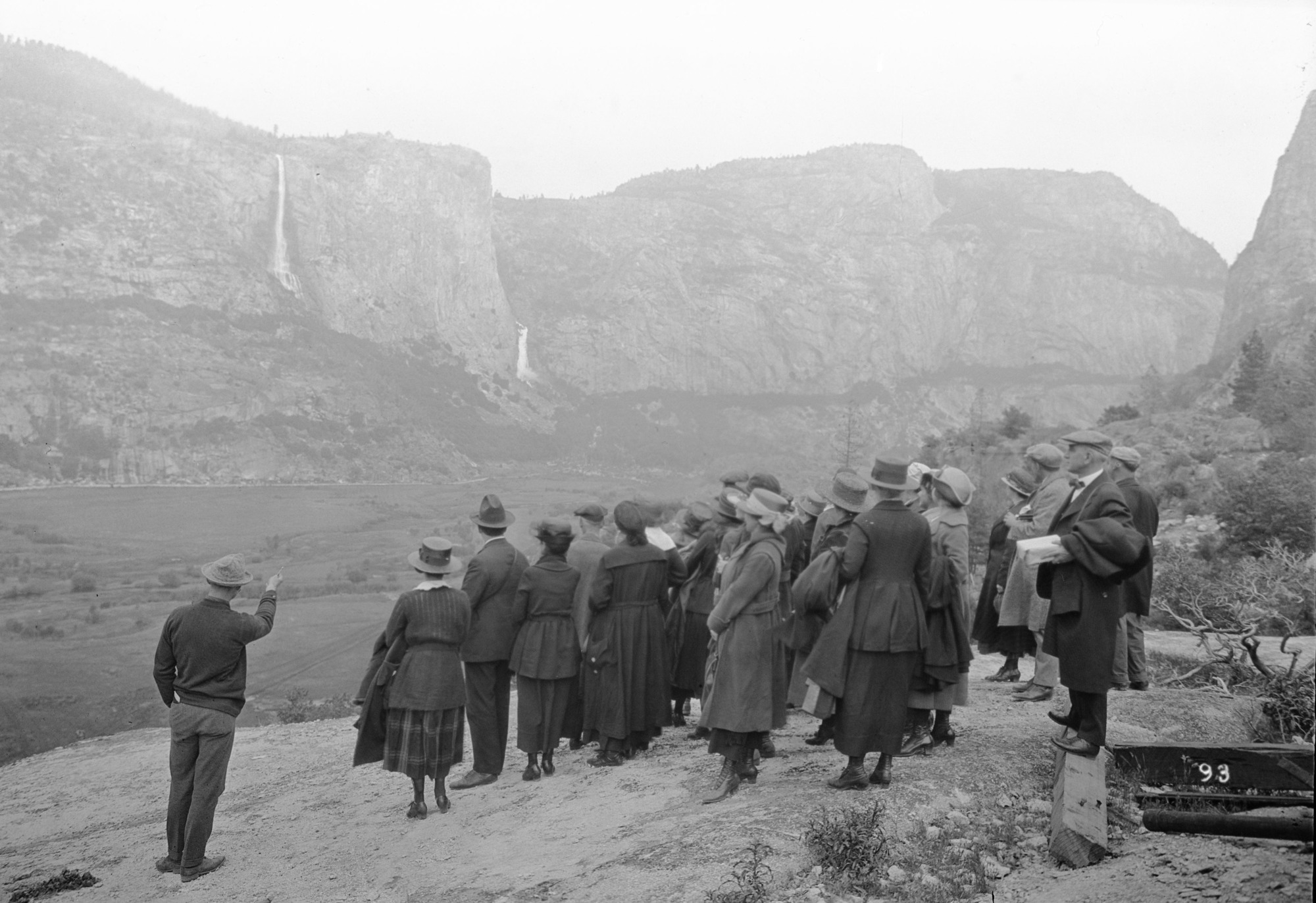 Hetch Hetchy Valley prior to reservoir showing party of visitors viewing valley.
