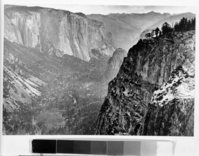 Copy Neg: MD 1986; Fig. 3A from A Preliminary Survey of the Influence of White Man On the Vegetation of Yosemite Valley  by R. P. Gibbens, March 1, 1962. The lower end of YV as it appeared in 1866 from the point currently called Old Inspiration Point. The large open area in the lower left part of the picture is Bridalveil Meadow. Note the open character of the forest on the north (left) side of the river. Print from NPS copy neg made by Ralph H. Anderson.