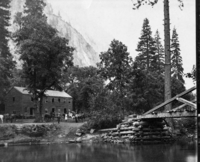 Detail of L. Smaus stereo (RL-16,554). Caption: "No. 1072. Hutchings' Hotel and Sentinel Rock - Yosemite Valley." copied by Michael Dixon, copied July 1985