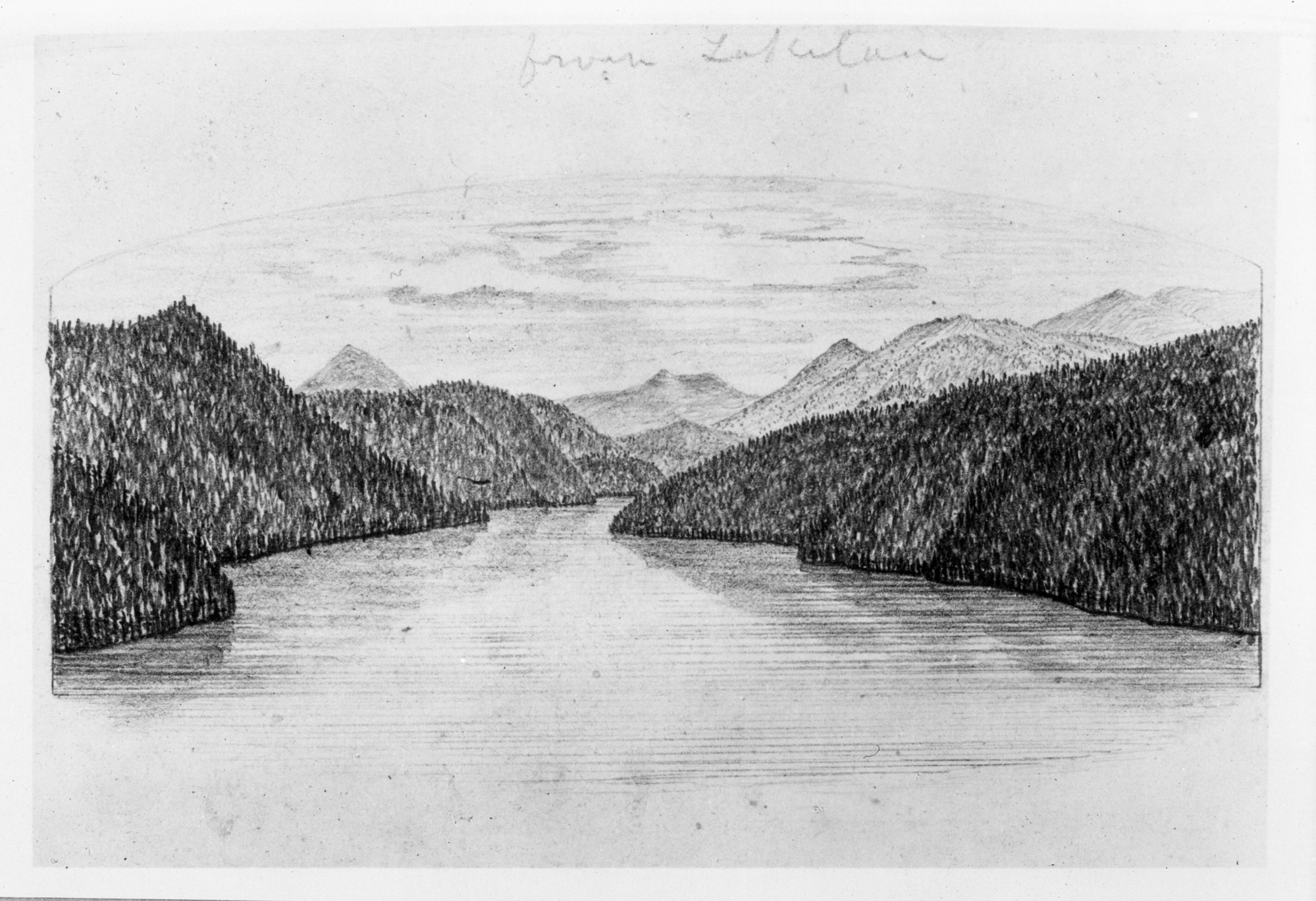Foot of Dease Lake from Laketown, Alaska. From Muir's notebook.