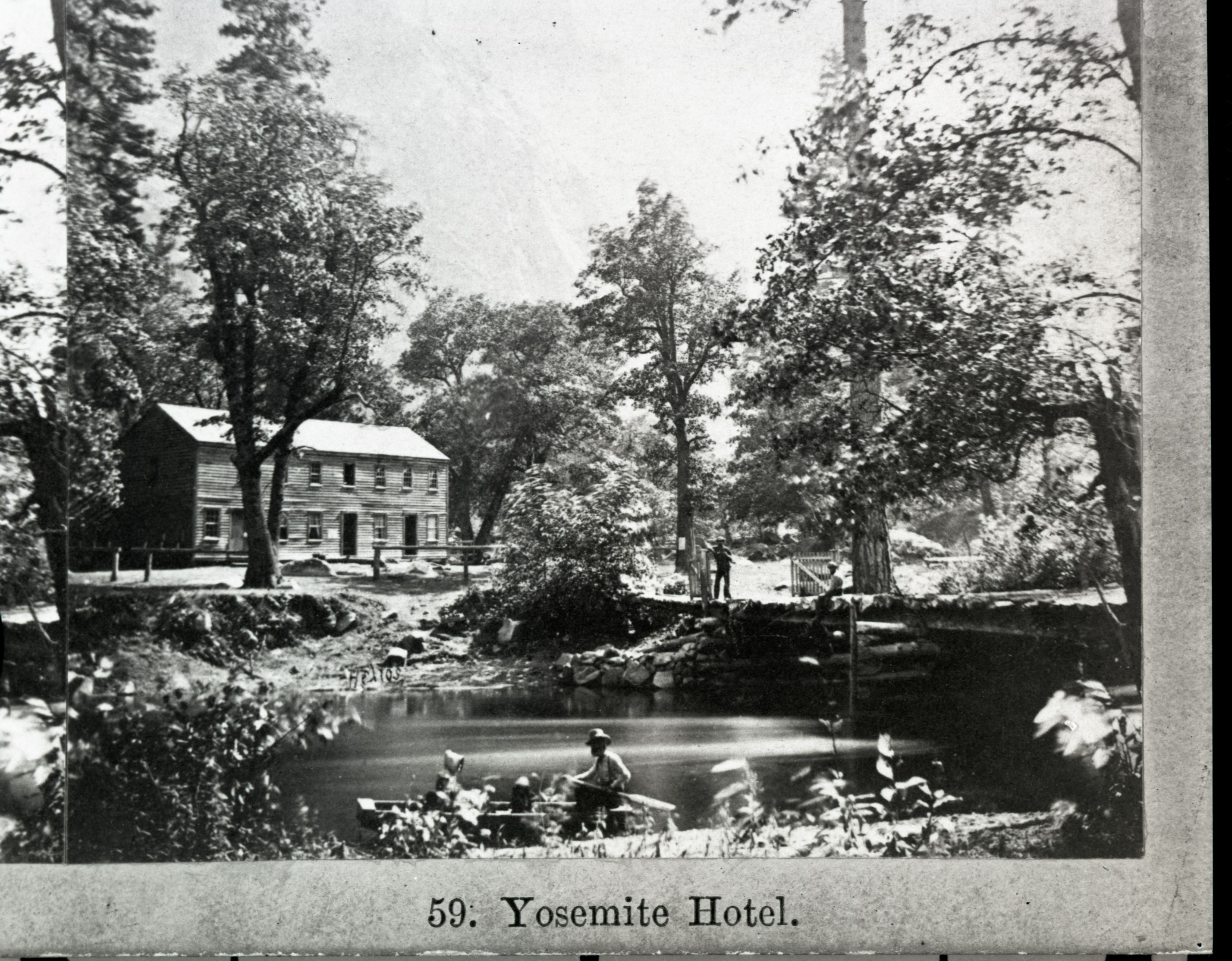 Detail of L. Smaus stereo (RL-16,421). Caption: "59. Yosemite Hotel." Hutching's.