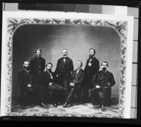 Whitney Survey. From left standing: Gabb, Whitney, King. Seated; Averill, Ashburner, Hoffman & Brewer. Date: maybe 1860?