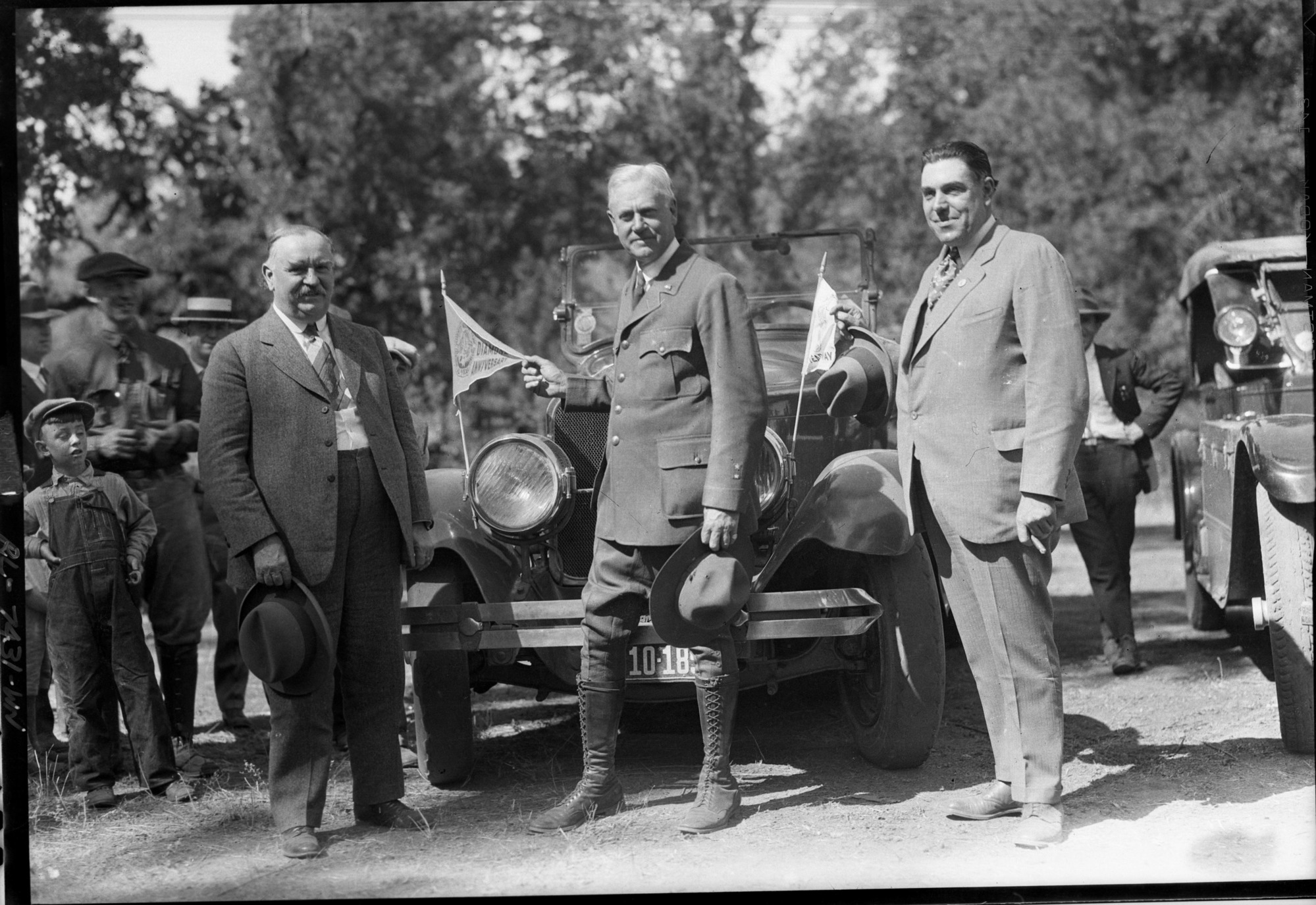 Picture taken at road dedication exercises held at the Clark Ranch. L to R: Gov. Richardson, Director Mather & Harvey Toy, last named Chairman of the Calif. Highway Commission.