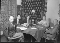 Roundtable group Institute of Pacific Relations. L-R: 1. Dr. horace Belshaw: Professor of Economics at Auckland University College, New Zealand who acted as general rapporteur for the conference round tables on the subject of this broadcast earlier this week; 2. Dr. chi Ch'ai-ting: Economist and historian from China; 3. Dr. J.W. Dafoe: Editor in Chief of the Winnipeg Free Press; Chancellor of the Univ. of Manitoba, member of the Canadian Delegation to the Peace Conference in 1919.; 4. The Right Honorable A.V. Alexander: Member of parliament, First Lord of the Admirality in the Labor govt. of 1929-1931, Leader of the British Group in the Yosemite Park Conferences of the Institute of Peace Relations.; 5. David F. Ladin: Vice chairman of General Motors Export Corp. New York.