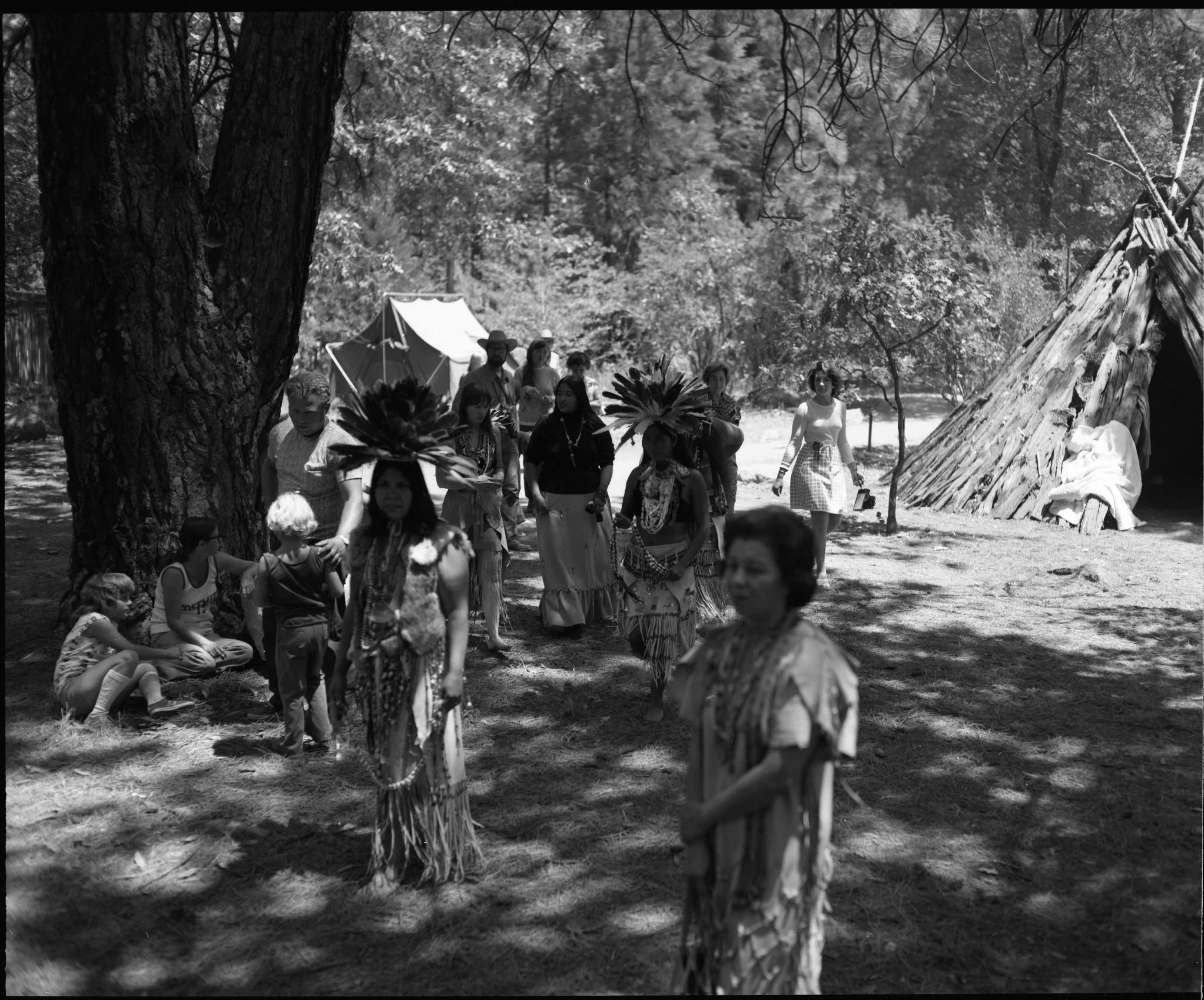 Dancers at Yosemite Roundhouse Dedication. Front to back: Alice Potts (Miwok), Julia Parker (Pomo), Lucy (Furr) Parker (Paiute/Miwok/Miwok), Kit LaPena, and Lucy Villa (Northern Miwok).