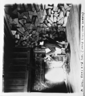 A dog; fire, and lots of wood (winter supply). Copied from Art Holmes album (NPS employee). Copied September 1983 by Michael Dixon.
