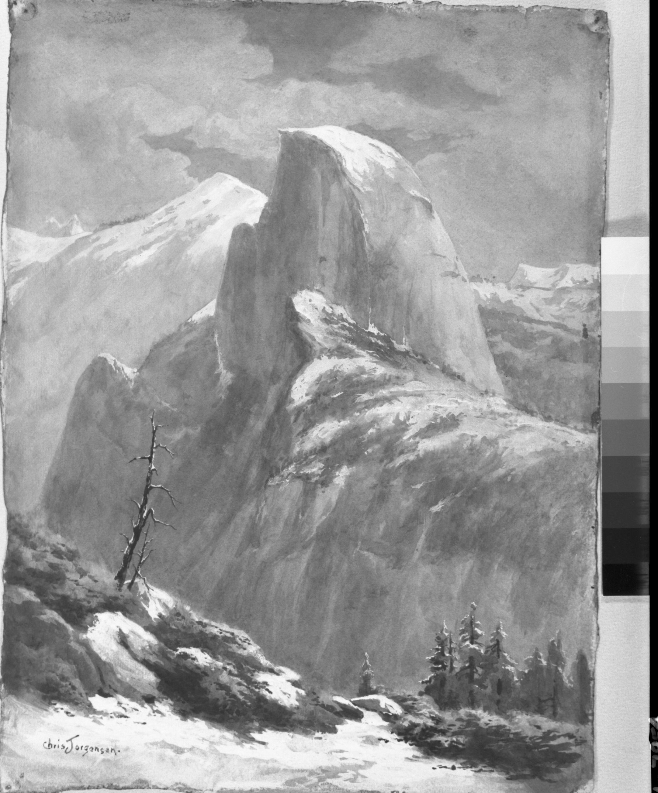 Copy Neg: 1986 by Michael Dixon. "Snow on Half Dome and Cloud's Rest" watercolor by Chris Jorgensen.