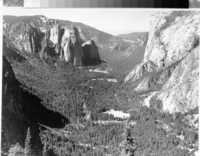 Copy Neg: MD 1986. Fig. 2B of A Preliminary Survey of the Influence of White Man On The Vegetation of Yosemite Valley  by R. P. Gibbens, March 1, 1962. The lower portion of YV from Union Point in 1943. The original view was blocked by trees which had grown in the foreground. This vantage point is a short distance to the left of the original one. The old Sewer Farm, a man-made clearing, appears at the top of the foreground tree. The forest has increased remarkably in both extent and density.