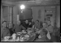 Interim Snow Creek Lodge. L-R: Chase, Strong (guest), Gordon Hooley, Louise Hooper, Martin, Bert Harwell, Jules Frisch