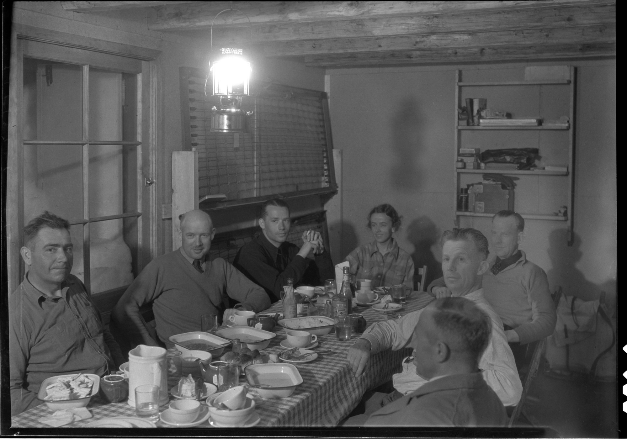 Interim Snow Creek Lodge. L-R: Chase, Strong (guest), Gordon Hooley, Louise Hooper, Martin, Bert Harwell, Jules Frisch