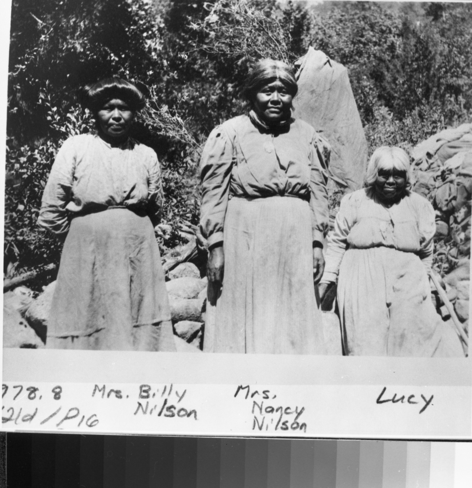 L to R: Mrs. Billy Wilson (also known as Lena Brown or Lena Rube), Mrs. Nancy Wilson, and Lucy (Brown). Original in the Bancroft Library, U.C. Berkeley. (1978.8 v/21d/p.16/no.3)