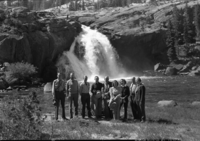 Supt. party at Glen Aulin on a high-country pack trip. L-R: Frank Brockman, park naturalist; not identified; Russell McKown, landscape (architect); Elton Hilton (park engineer); Buck Evans, ranger; Catherine Kittredge; Rosemary Cross; Frank Kittredge, Supt.; Mrs. Kittridge.