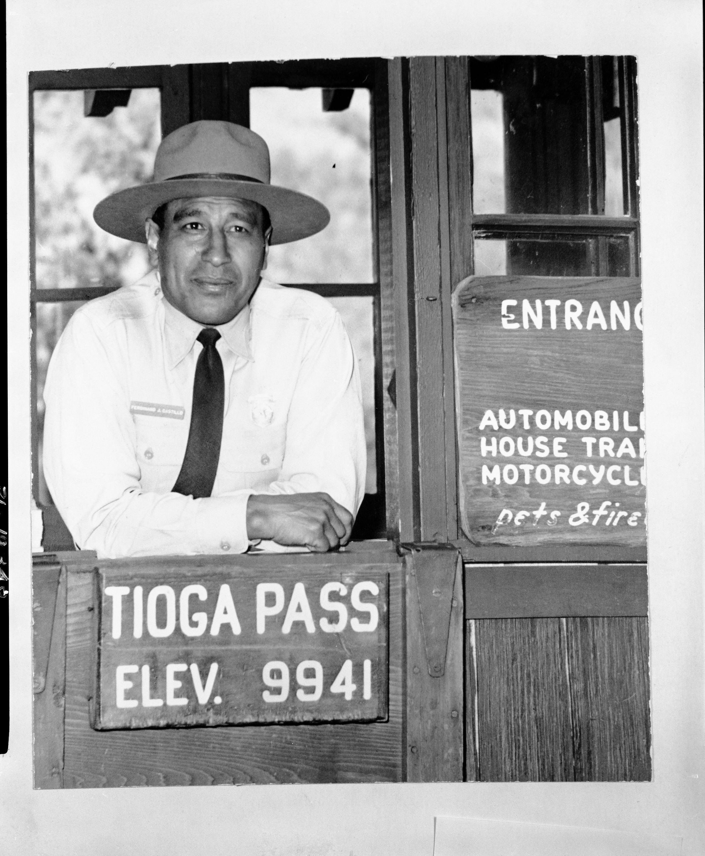 Copy Neg: copied by Leroy Radanovich. Ferdinand Castillo at the Tioga Pass Entrance Station.