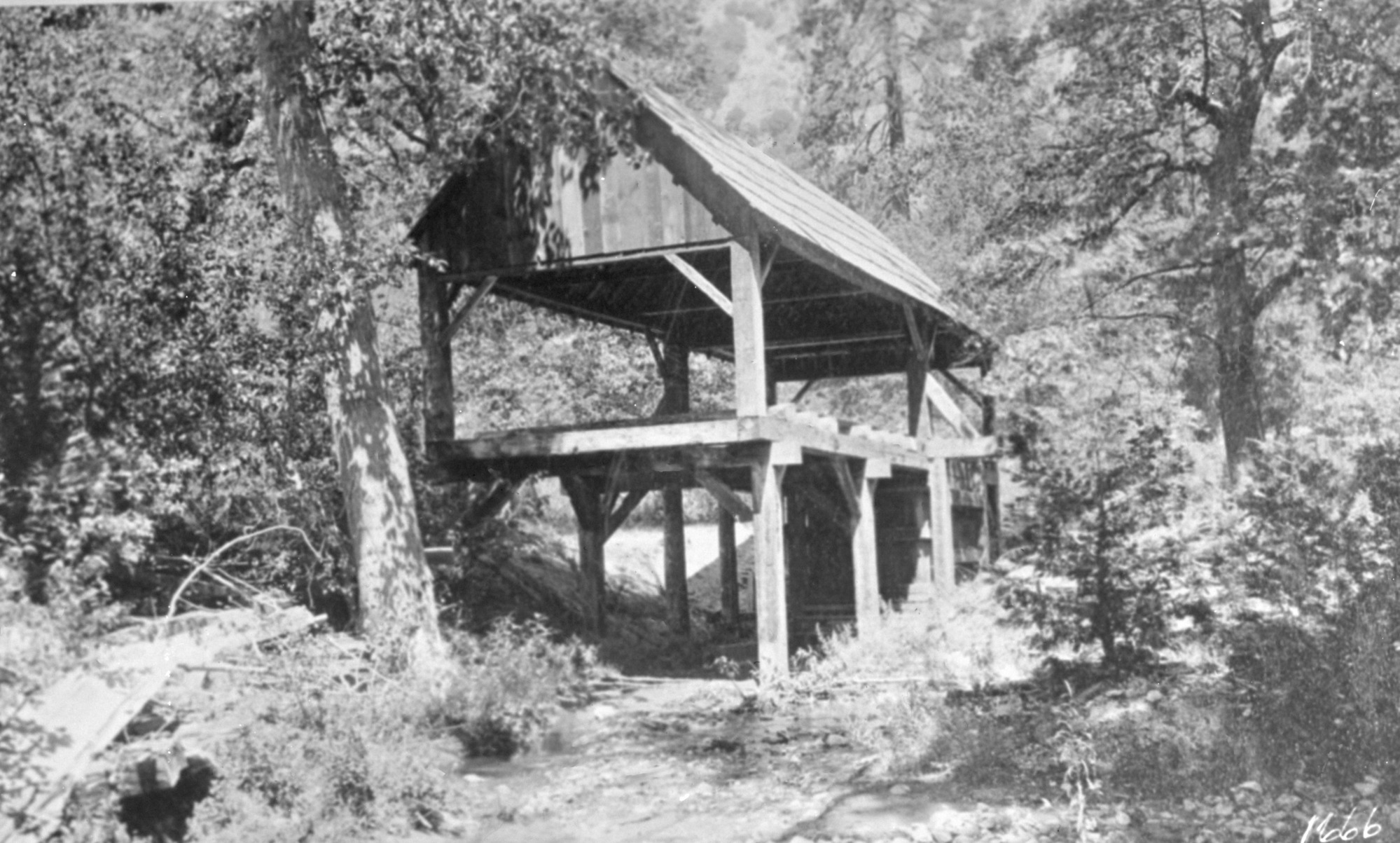 Hutchings' sawmill near Yosemite Falls. Copied by: Phillips 11/36. From a George Fiske Photo.