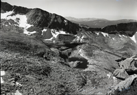 Glacial lakes from Red Peak Pass looking south. Trail camp in lower right.