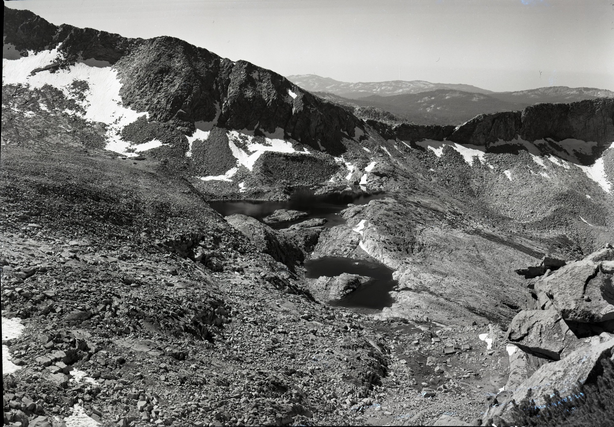 Glacial lakes from Red Peak Pass looking south. Trail camp in lower right.