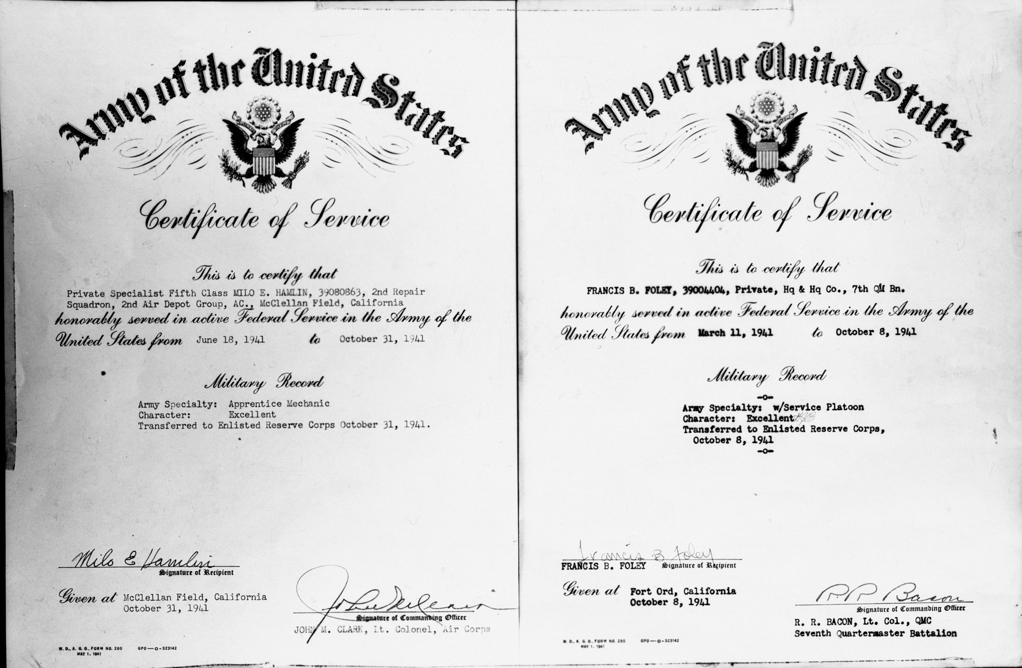 Army Discharge papers for personnel records. Francis Foley & Milo Hamlin. copied by Ralph H. Anderson