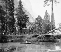 Detail from L. Smaus stereo (RL-16,528). Caption: "61. View on the Merced. Hutchings' Hotel and Bridge. Sentinel Rock in the distance." copied by Michael Dixon, copied July 1985