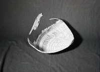 Western Mono type Winnowing basket. Once owned by Lena Cox c. 1920. Materials: redbud, fern root, sedge root, sourberry. c. 1 foot length. Owned by James Cox, Tuolumne Miwuk Rancheria, Tuolumne Ca.