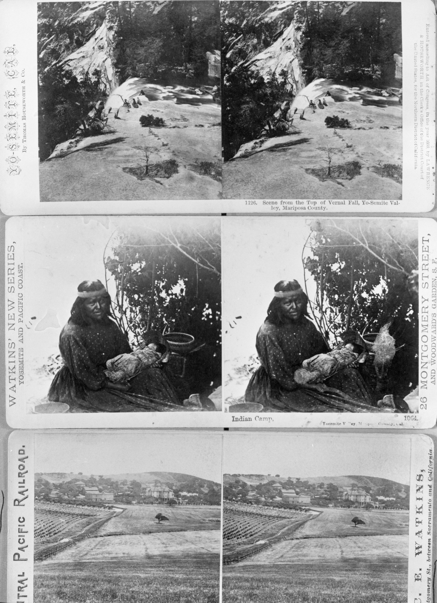 Copy negative of three stereographs. One of Vernal Fall by Thomas Houseworth, two by C. E. Watkins. Copied by RHA in June 1952.