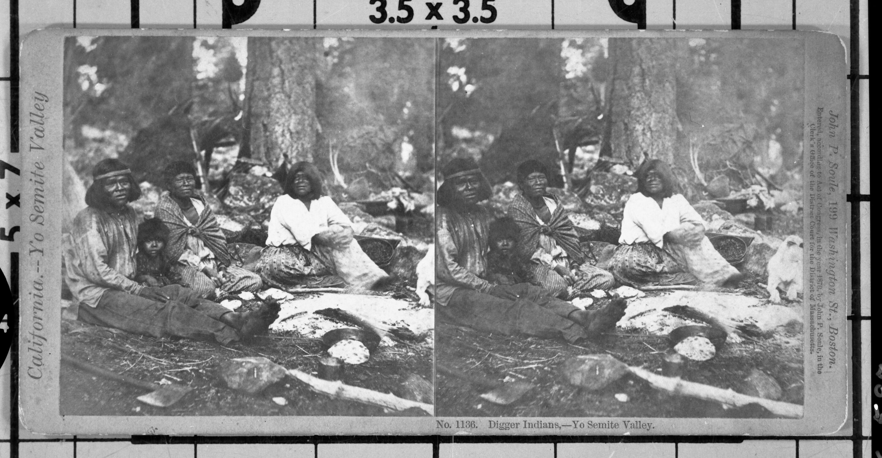 Copy Neg: July 24, 1985 by Michael Dixon. Original stereo from L. Smaus Collection; sepia-toned print on yellow card. Caption: "No. 1136. Digger Native Americans, - Yosemite Valley." Detail: RL-16,598.