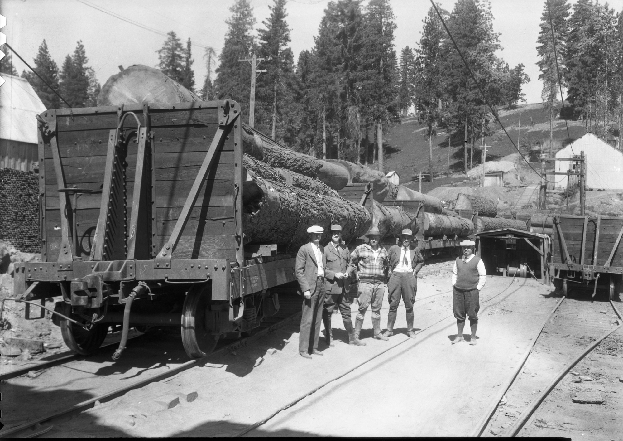 Yosemite Lumber Co. Camp 2 at top of 2nd incline. L to R: Leavitt, Leavitt, Trinker, Solinsky, Gable.