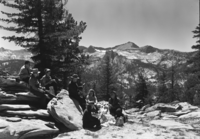 Supt's party stopping for lunch. Old Isberg Pass Trail north of the Merced River.