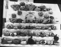 Baskets for sale at Nelson Salter's Yosemite Store, Yosemite Valley. #6 and #10 by Lucy Parker Telles and in the Field Museum of Natural History, Chicago. #25 also by her in Yosemite Collections. 329 and #35 also by her but present location unknown as of 1982.