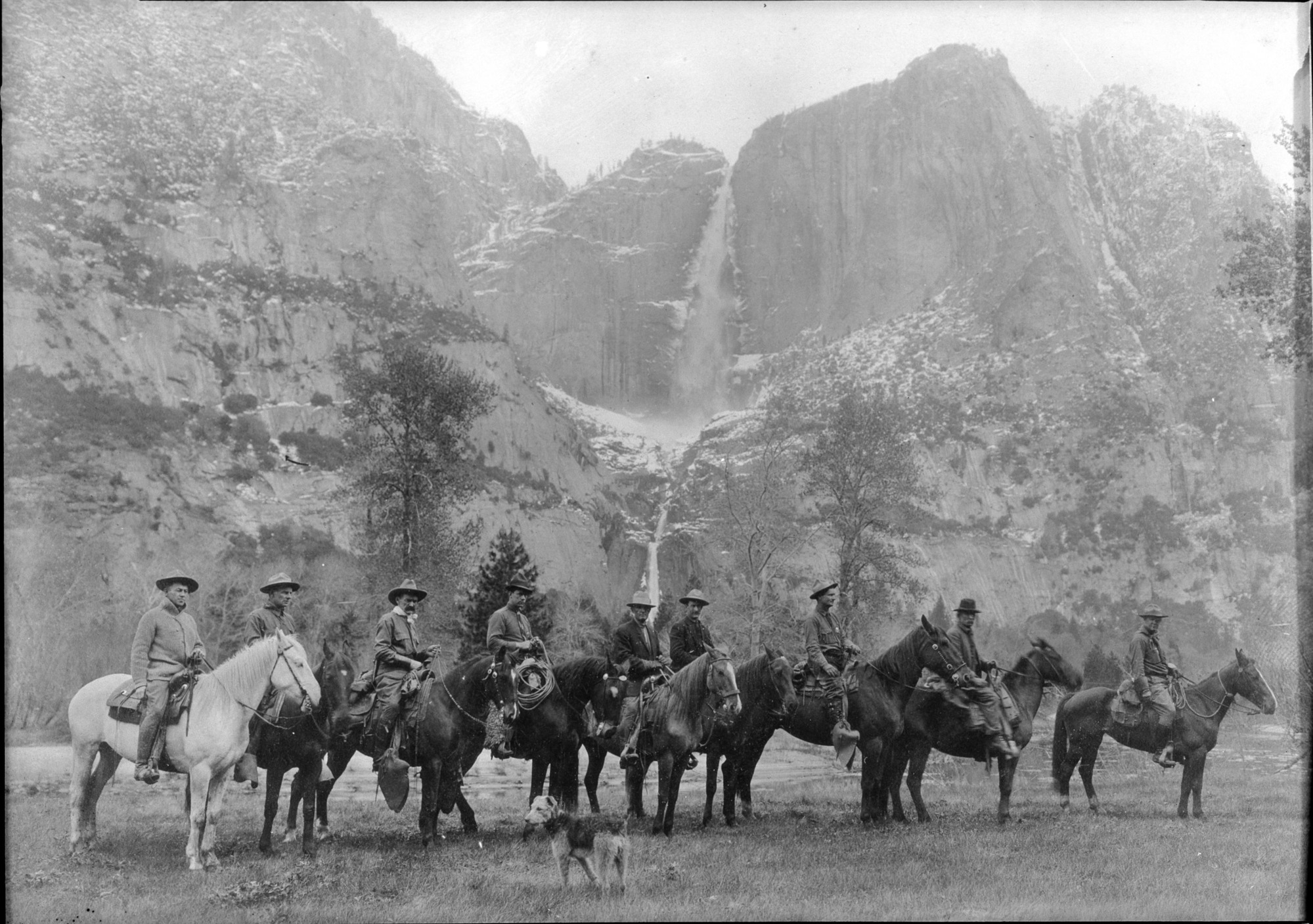 The First Rangers LEFT TO RIGHT: Oliver Prien, Chief Ranger; Charles Bull, Assist. Chief Ranger; Jack Gaylor, 2nd assist. to Chief Ranger; Wayne Westfall; George McNab, Charles Leidig, First Park Ranger in Yosemite; Charles Adair; Archie Leonard; Forest Townsley. [See: annual Supt's Report - 19 979.447/Y-83].