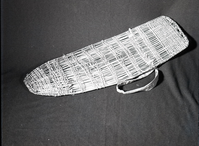 Miwok cradle basket (without hood) made by Sophia Thompson c. 1920. "Chapparell Sticks". Owned by James Cox. Tuolumne Mewuk Rancheria, Tuolumne, Ca.