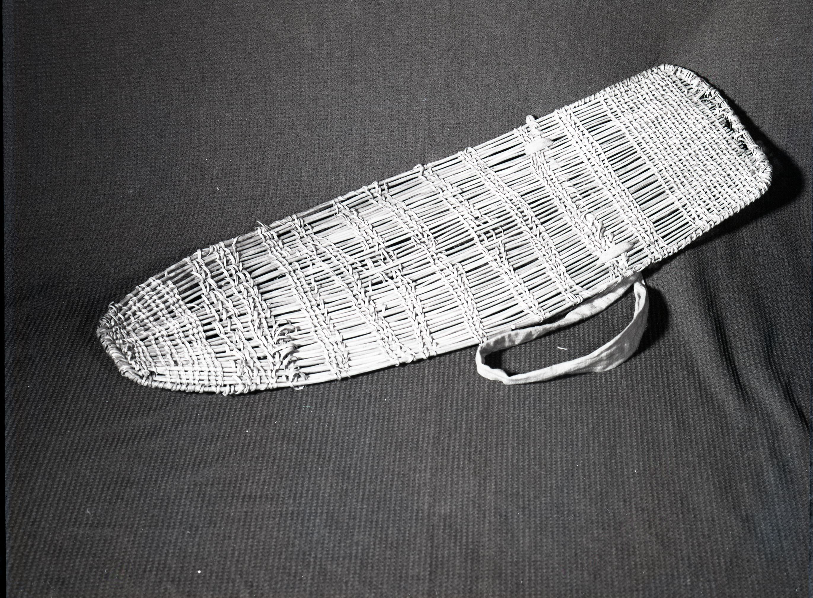 Miwok cradle basket (without hood) made by Sophia Thompson c. 1920. "Chapparell Sticks". Owned by James Cox. Tuolumne Mewuk Rancheria, Tuolumne, Ca.