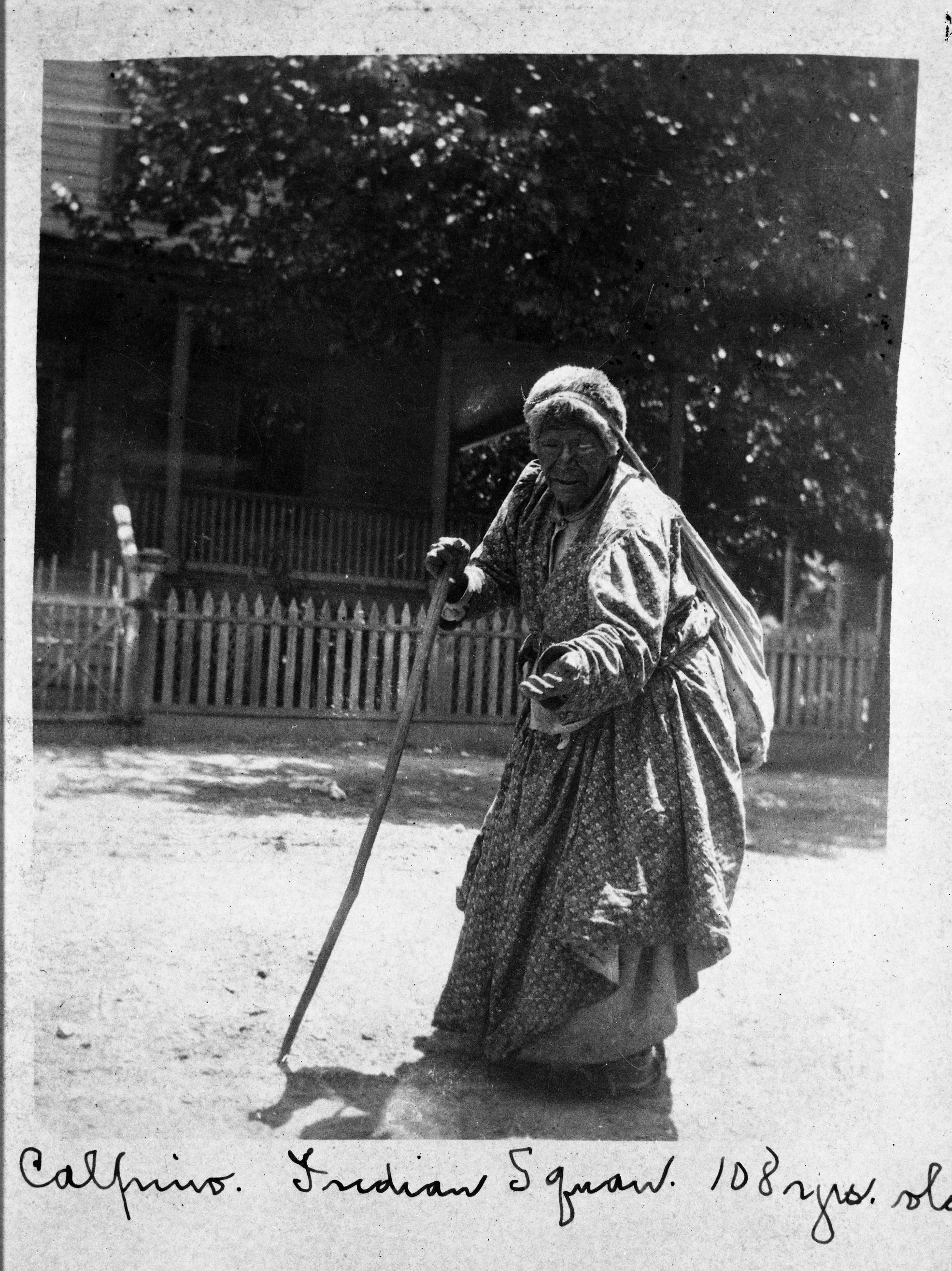 Calapina, Central Miwok. Taken in front of the Rena Barlow house in Sonora. Toned original copied by Michael Dixon in January 1982.