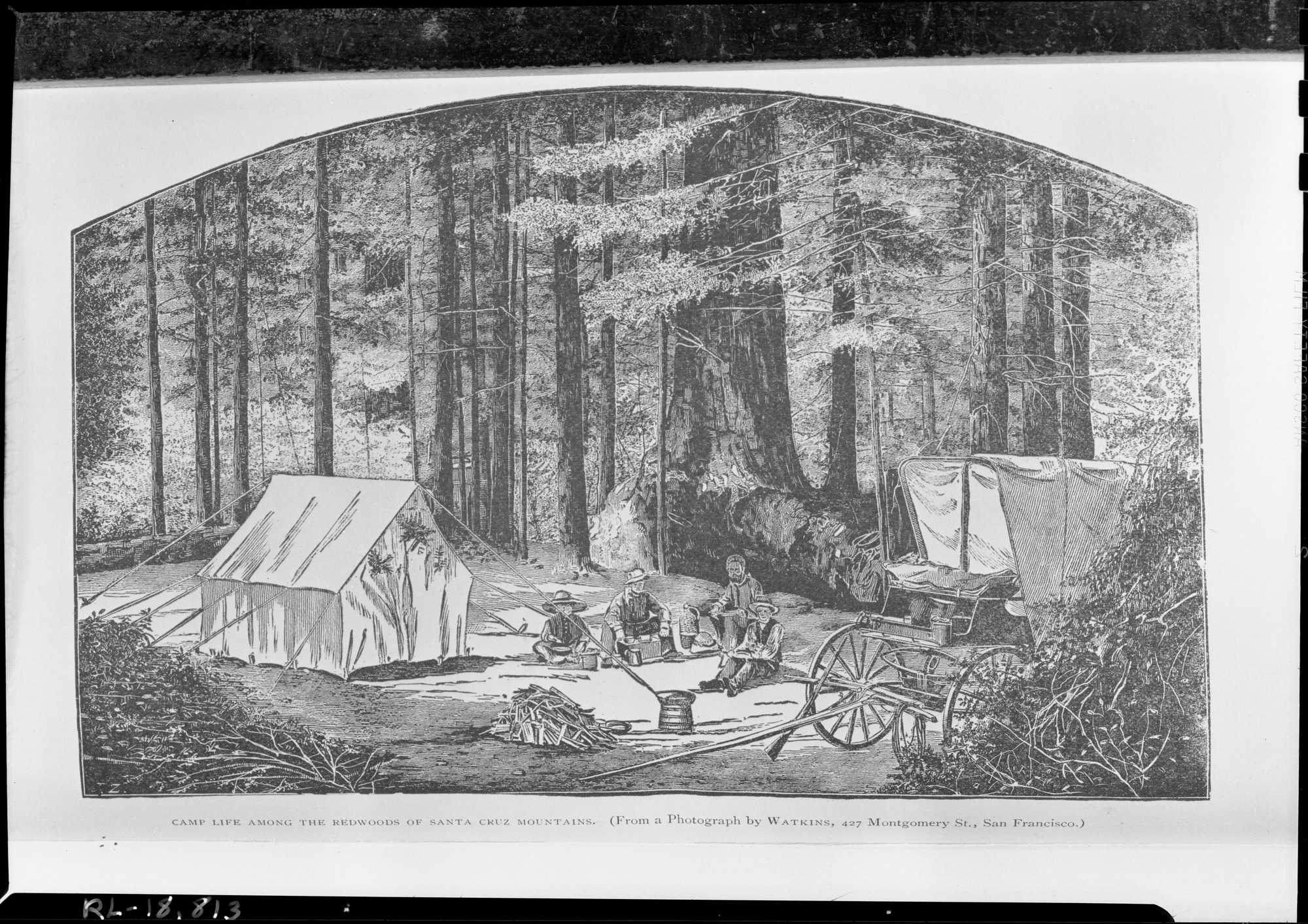 Copy neg: Dec. 1949 by Ralph H. Anderson. Camping scene from a photo by Carlton E. Watkins used for illustration in Bentley's Guide to the Pacific Coast, loaned for copying by Julia C. Watkins.