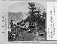 Stereoview. "Mess House of the Yosemite Valley Trail Builders, Cal". John Conway (left) and McCauley (right). 4 mile trail at Union Point - having lunch. copied by Ted Orland