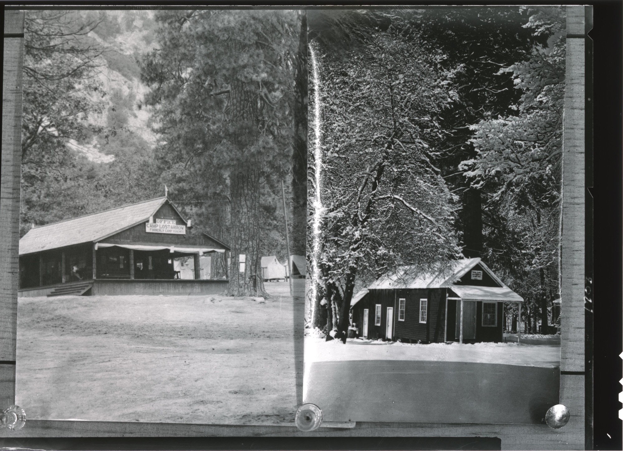 Galen Clark's cabin (right); Later this was Jack Gaylor's house-removed about 1923 (Left of same neg. Camp Lost Arrow); [On neg file]: Photo on left: Camp Lost Arrow- Camp closed in 1916, operated by William Sell Jr. Photo on right: Galen Clark's cabin- Office of the Guardian of Yosemite Valley & Mariposa Grove.