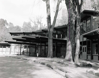 Reconstructed lodge after burning down on January 28, 1966. Main lobby (lower level), dining room (upper level) and snack bar ( far left).