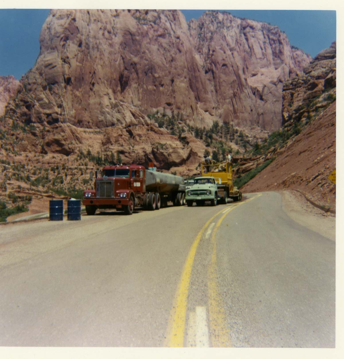 Color photo of the hydroseeding experiment along the Kolob Canyon Road.