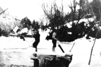 Freeborn Gifford and Lloyd Crawford harvesting/cutting ice in Oak Creek Canyon. Three of Freeborn Gifford's boys in the background.