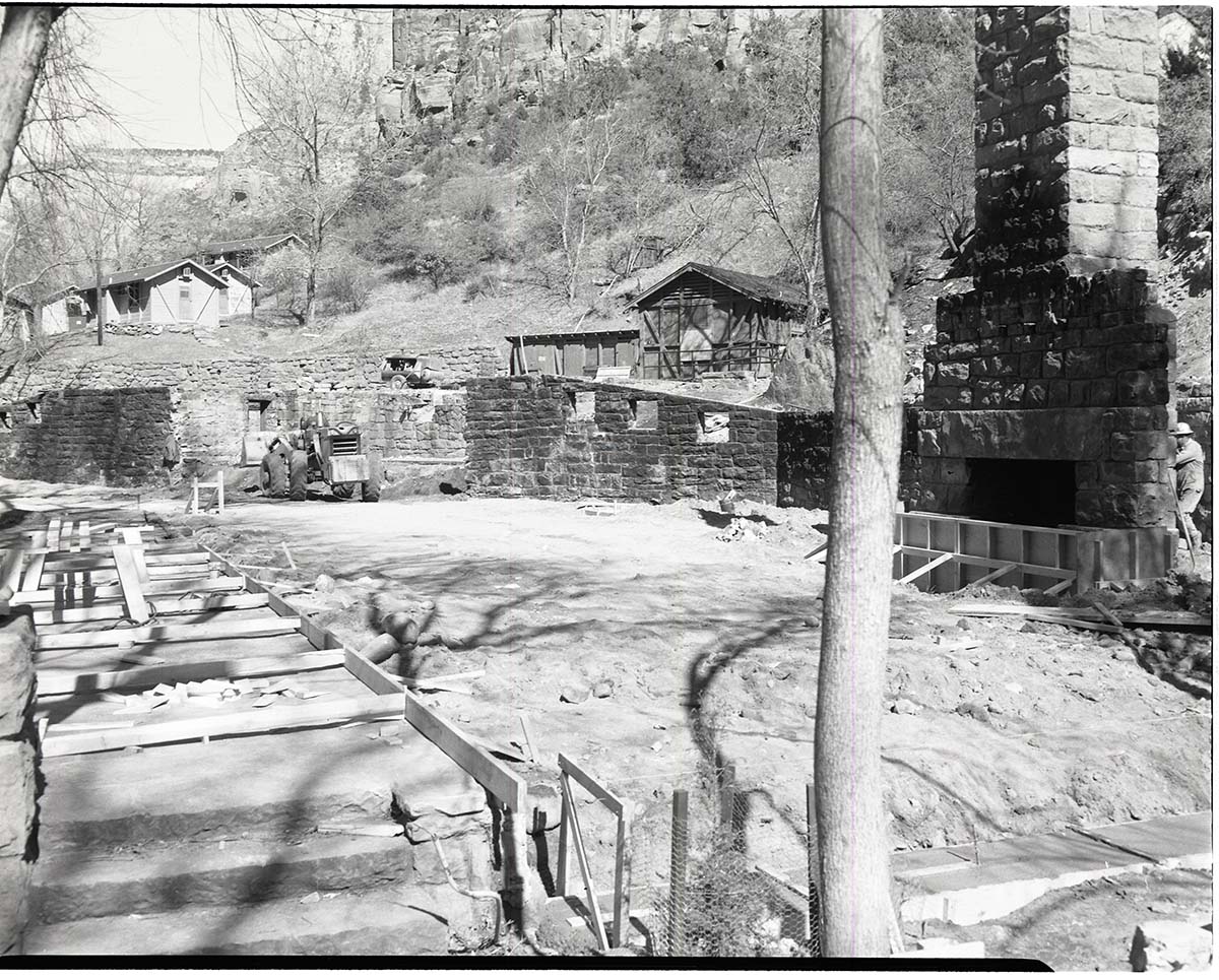 Restoration of Zion Lodge after its destruction by fire January 28, 1966.