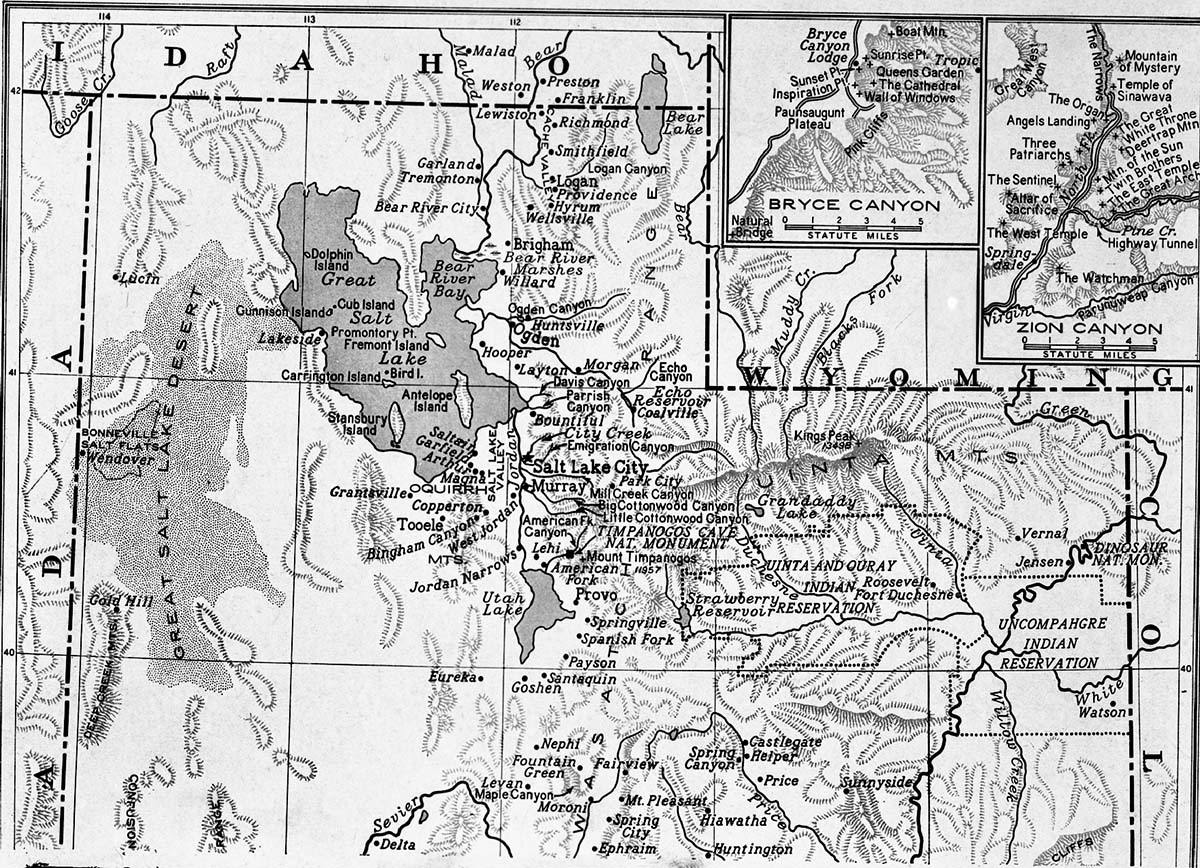 A map of northern Utah noting locations of national parks and monuments.