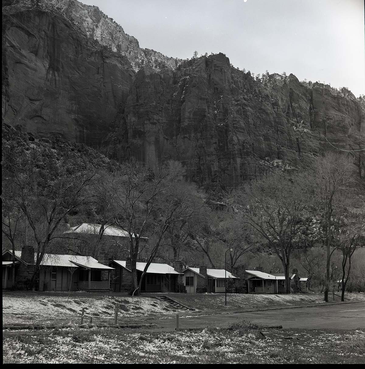 Snow covered cabins at Zion Lodge, photo used for 1975 Environmental Impact Statement (EIS).