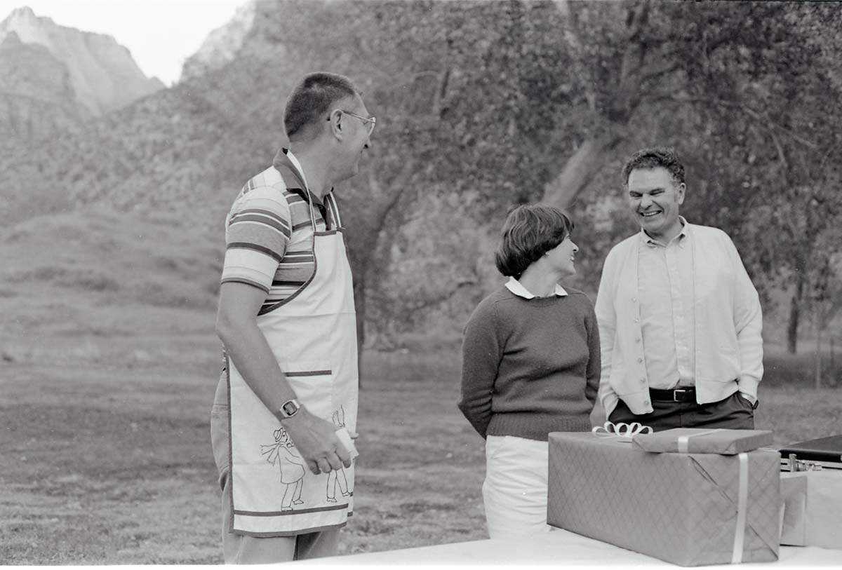 BW Photos of the Crocker/ Nicholson retirement barbeque. Superintendent Harold Grafe in apron speaking.